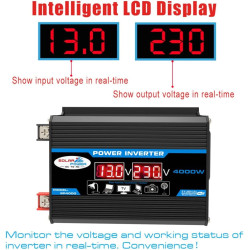 Convertisseur Onduleur 4000W,Transformateur DC 12V vers AC 200V,avec 2 Prises USB UE Et Affichage LED Onduleur Puissance,pour Ca