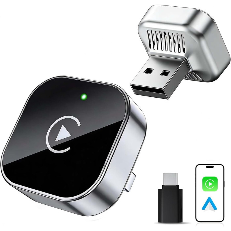 Adaptateur CarPlay sans fil avec câble CarPlay (USB vers C), mini adaptateur CarPlay en métal pour iPhone avec iOS 10+ et Androi