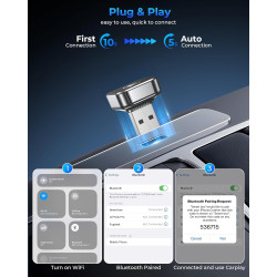 Adaptateur CarPlay sans fil avec câble CarPlay (USB vers C), mini adaptateur CarPlay en métal pour iPhone avec iOS 10+ et Androi