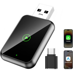 2026 mini adaptateur carplay sans fil 2 en 1 pour apple carplay/android auto avec usb-c/usb-a, plug & play, bleutooth/wifi, conn
