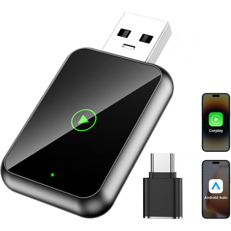 2026 mini adaptateur carplay sans fil 2 en 1 pour apple carplay/android auto avec usb-c/usb-a, plug & play, bleutooth/wifi, conn