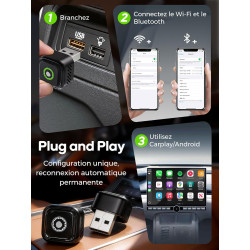 Adaptateur CarPlay Android Auto Sans Fil: 2 en 1 Adaptateur Compatible Voiture Filaire d'Origine — Dongle Plug & Play USB Natif 