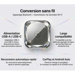 Adaptateur CarPlay sans Fil et Android Auto 2-en-1, Dongle Plug & Play pour Voiture avec WiFi 5.8GHz, pour iPhone et Android, Co