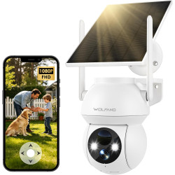 WOLFANG Caméra de sécurité Solaire d'extérieur 1080p PTZ WiFi 360° (2,4 G Uniquement), détection de Mouvement PIR, Vision Noctur