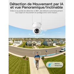 WOLFANG Caméra de sécurité Solaire d'extérieur 1080p PTZ WiFi 360° (2,4 G Uniquement), détection de Mouvement PIR, Vision Noctur