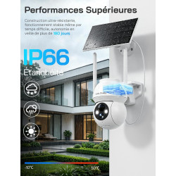 WOLFANG Caméra de sécurité Solaire d'extérieur 1080p PTZ WiFi 360° (2,4 G Uniquement), détection de Mouvement PIR, Vision Noctur