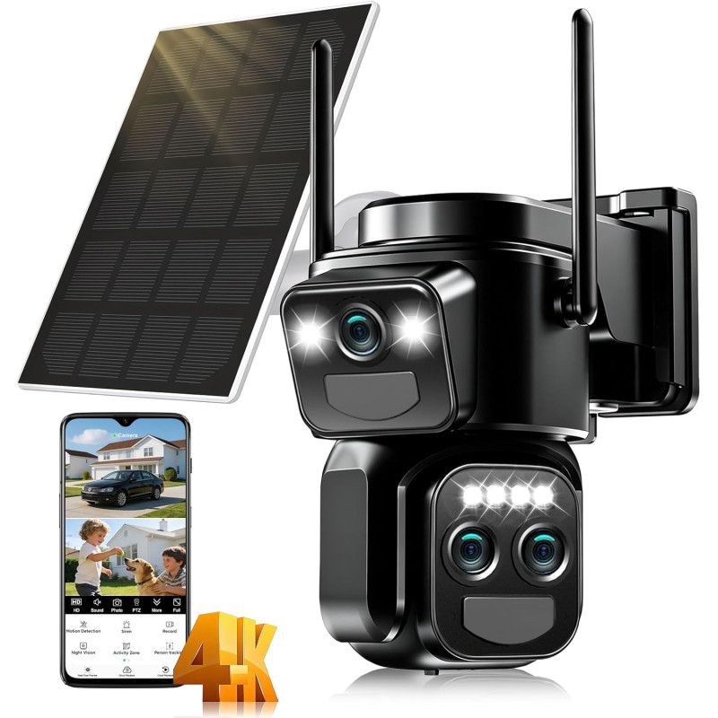10X Caméra de Surveillance WiFi Extérieure Sans Fil,4K Triple Objectif Camera Extérieur Solaire avec Panneau,Détection Humaine P
