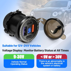 Prise USB 12V 50W 3 Port 20W QC3.0&15W USB&15W PD Prise usb Moto Etanche 12v avec Interrupteur LED Voltmètre Allume Cigare 12v E