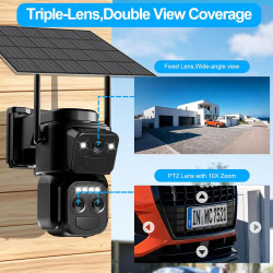 10X Caméra de Surveillance WiFi Extérieure Sans Fil,4K Triple Objectif Camera Extérieur Solaire avec Panneau,Détection Humaine P