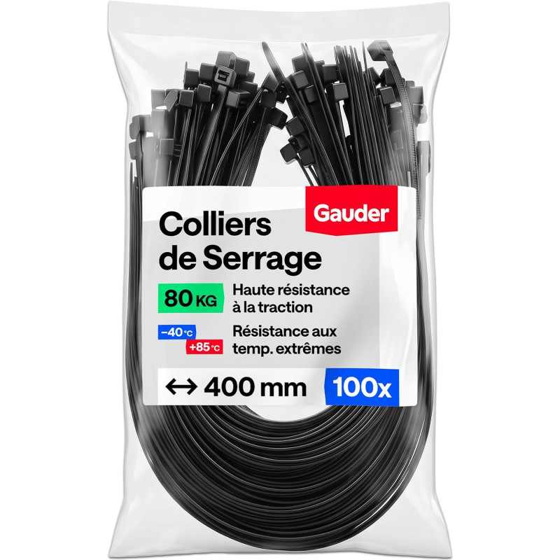 GAUDER Serre-câbles noirs (80 kg résistance) - Attache câble extra fort et long pour gestion câbles, clôture, jardin, chantier &