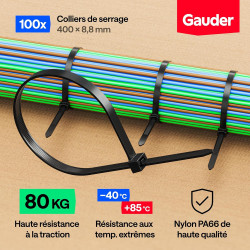 GAUDER Serre-câbles noirs (80 kg résistance) - Attache câble extra fort et long pour gestion câbles, clôture, jardin, chantier &