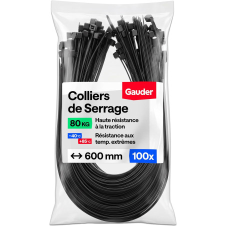 GAUDER Serre-câbles noirs (80 kg résistance) - Attache câble extra fort et long pour gestion câbles, clôture, jardin, chantier &