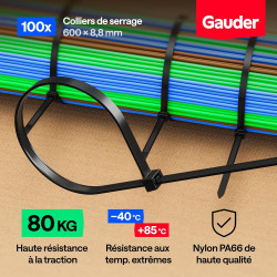 GAUDER Serre-câbles noirs (80 kg résistance) - Attache câble extra fort et long pour gestion câbles, clôture, jardin, chantier &
