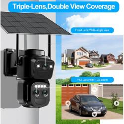 4K Caméra de Surveillance WiFi Extérieure Sans Fil,10X Triple Objectif Camera Solaire Extérieur avec Panneau,360° PTZ Sécurité à