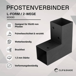 CLIP & SHADE Support de poteau 90 x 90 cm Connecteur d'angle 2 voies pour poteaux en bois | Chaussures de poutre 9 x 9 cm galvan