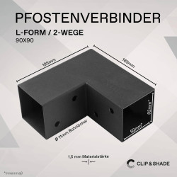 CLIP & SHADE Support de poteau 90 x 90 cm Connecteur d'angle 2 voies pour poteaux en bois | Chaussures de poutre 9 x 9 cm galvan