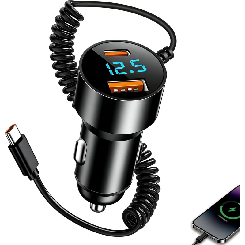 100W Allume Cigare USB C Adaptateur 12V 2 Port USB PD 30W Charge Rapide avec Spiralé Câble pour iPhone 17/16/15 Pro Max iPad Sam
