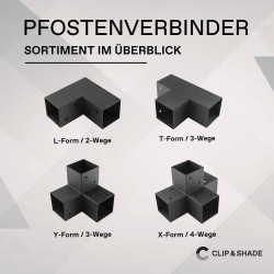 CLIP & SHADE Support de poteau 90 x 90 cm Connecteur d'angle 2 voies pour poteaux en bois | Chaussures de poutre 9 x 9 cm galvan