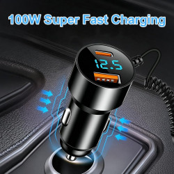 100W Allume Cigare USB C Adaptateur 12V 2 Port USB PD 30W Charge Rapide avec Spiralé Câble pour iPhone 17/16/15 Pro Max iPad Sam