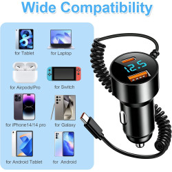 100W Allume Cigare USB C Adaptateur 12V 2 Port USB PD 30W Charge Rapide avec Spiralé Câble pour iPhone 17/16/15 Pro Max iPad Sam