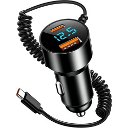 100W Allume Cigare USB C Adaptateur 12V 2 Port USB PD 30W Charge Rapide avec Spiralé Câble pour iPhone 17/16/15 Pro Max iPad Sam