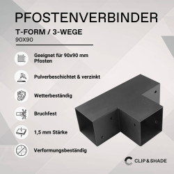 Clip'n'Shade Support de poteau 90x90 T-Connecteur d'angle à 3 voies pour poteaux en bois | Pieds de poutre 9x9 zingués et thermo
