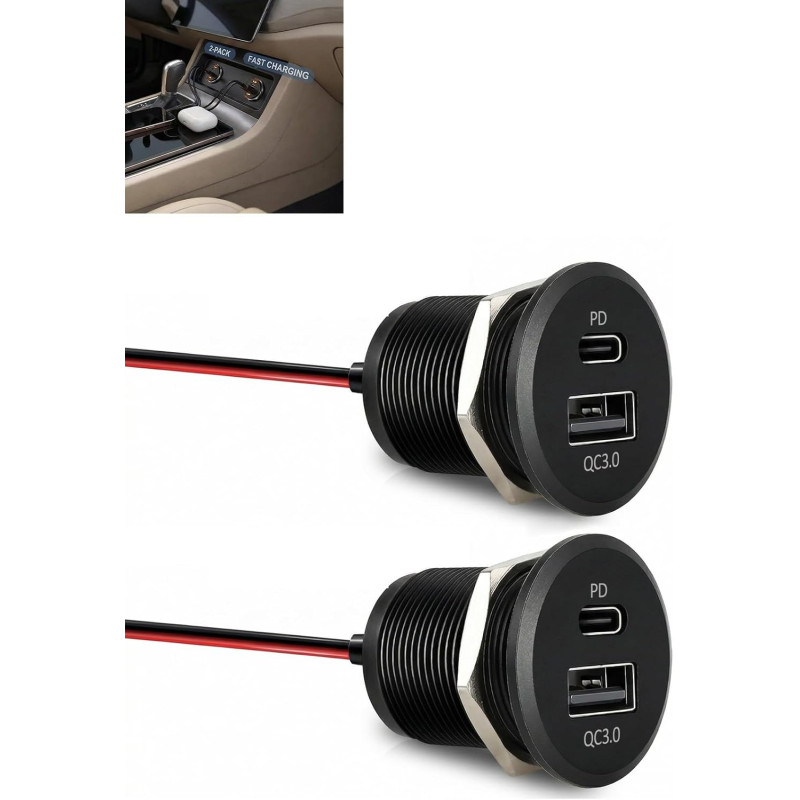 Prise USB Aluminium 12V pour Camping-Car avec Double Port USB-C PD3.0 et USB-A QC3.0 - Charge Rapide pour Bateau, Caravane - Pui