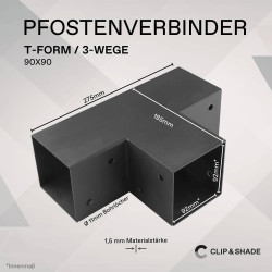 Clip'n'Shade Support de poteau 90x90 T-Connecteur d'angle à 3 voies pour poteaux en bois | Pieds de poutre 9x9 zingués et thermo