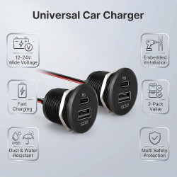 Prise USB Aluminium 12V pour Camping-Car avec Double Port USB-C PD3.0 et USB-A QC3.0 - Charge Rapide pour Bateau, Caravane - Pui