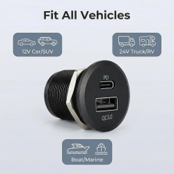 Prise USB Aluminium 12V pour Camping-Car avec Double Port USB-C PD3.0 et USB-A QC3.0 - Charge Rapide pour Bateau, Caravane - Pui