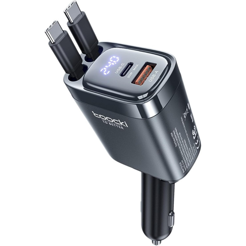 toocki Chargeur Voiture 105W, 4 en 1 Adaptateur Allume Cigare avec 2 Câbles USB-C Rétractables, Bloc PD45W & QC3.0, Charge Rapid