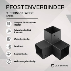 CLIP & SHADE Support de poteau 90 x 90 mm Connecteur d'angle en Y 3 voies pour poteaux en bois | Chaussures de poutre 9 x 9 cm g