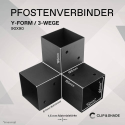 CLIP & SHADE Support de poteau 90 x 90 mm Connecteur d'angle en Y 3 voies pour poteaux en bois | Chaussures de poutre 9 x 9 cm g
