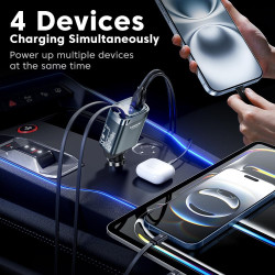toocki Chargeur Voiture 105W, 4 en 1 Adaptateur Allume Cigare avec 2 Câbles USB-C Rétractables, Bloc PD45W & QC3.0, Charge Rapid