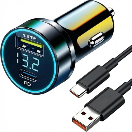 QLK Chargeur Allume Cigare 120W USB C, Chargeur Voiture Charge Rapide Double Port avec Câble USB C 6A, Charge Rapide pour Compat