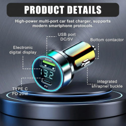 QLK Chargeur Allume Cigare 120W USB C, Chargeur Voiture Charge Rapide Double Port avec Câble USB C 6A, Charge Rapide pour Compat