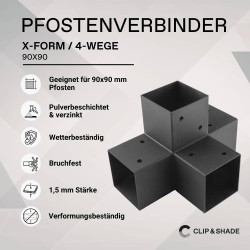 CLIP & SHADE Support de poteau 90 x 90 cm Connecteur d'angle en X 4 voies pour poteaux en bois | Chaussures de poutre 9 x 9 cm g
