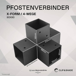 CLIP & SHADE Support de poteau 90 x 90 cm Connecteur d'angle en X 4 voies pour poteaux en bois | Chaussures de poutre 9 x 9 cm g