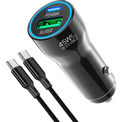 Chargeur allume-cigare USB C, PD45W & QC30W avec câble de charge de type C de 2 m pour Samsung Galaxy S26 Ultra S25 S24 A56 A55 