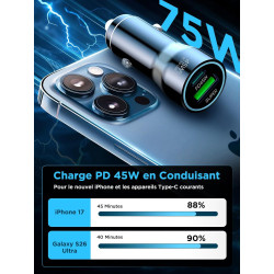 Chargeur allume-cigare USB C, PD45W & QC30W avec câble de charge de type C de 2 m pour Samsung Galaxy S26 Ultra S25 S24 A56 A55 