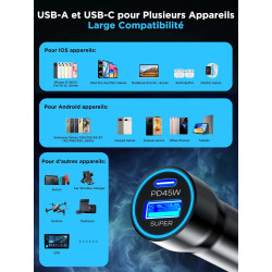 Chargeur allume-cigare USB C, PD45W & QC30W avec câble de charge de type C de 2 m pour Samsung Galaxy S26 Ultra S25 S24 A56 A55 