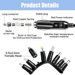 12V 5A Chargeur Allume‑Cigare Universel avec 8 Connecteurs, Prise DC 5,5 x 2,1 mm pour Lecteur DVD, GPS, Routeurs, Haut‑Parleurs