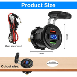 Aicharynic Lot de 2 prises USB 4 ports 12 V - Chargeur USB en aluminium - Affichage numérique PD30W/QC3.0 - Prise encastrable 12