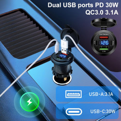 Aicharynic Lot de 2 prises USB 4 ports 12 V - Chargeur USB en aluminium - Affichage numérique PD30W/QC3.0 - Prise encastrable 12