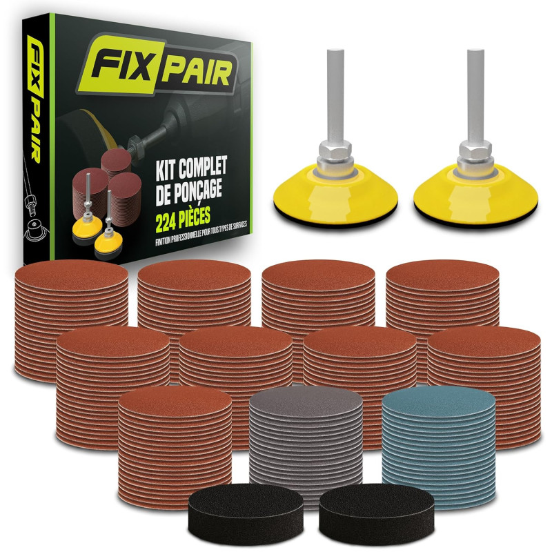 Kit Disques Abrasifs 224 Pièces Ø50 mm – Ponçage Humide et Sec, 11 Grains P80 à P3000, avec 2 Mandrins 6 mm et Interface – Idéal