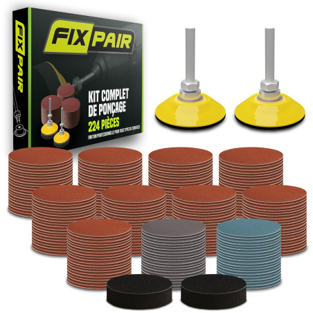 Kit Disques Abrasifs 224 Pièces Ø50 mm – Ponçage Humide et Sec, 11 Grains P80 à P3000, avec 2 Mandrins 6 mm et Interface – Idéal