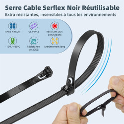 Serre Cable Serflex Noir Réutilisable,100Pièces 300mmx4,8mm Collier de Serrage, Attache Câble Durable Résistant au UV, Zip Ties 
