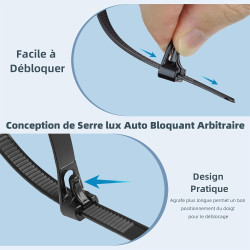 Serre Cable Serflex Noir Réutilisable,100Pièces 300mmx4,8mm Collier de Serrage, Attache Câble Durable Résistant au UV, Zip Ties 