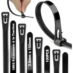 Serre Cable Serflex Noir Réutilisable,100Pièces 150mmx3,6mm Collier de Serrage, Attache Câble Durable Résistant au UV, Zip Ties 