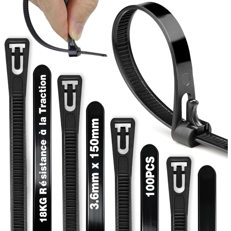 Serre Cable Serflex Noir Réutilisable,100Pièces 150mmx3,6mm Collier de Serrage, Attache Câble Durable Résistant au UV, Zip Ties 